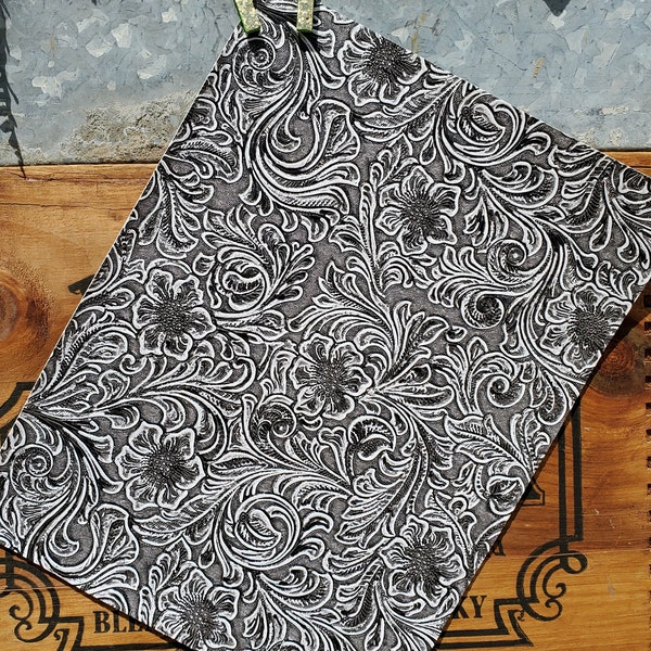 NEW SIZE!! Charcoal Gray and White Western Floral Embossed Tooled Textured Faux Leather Sheet for Bows and Jewelry