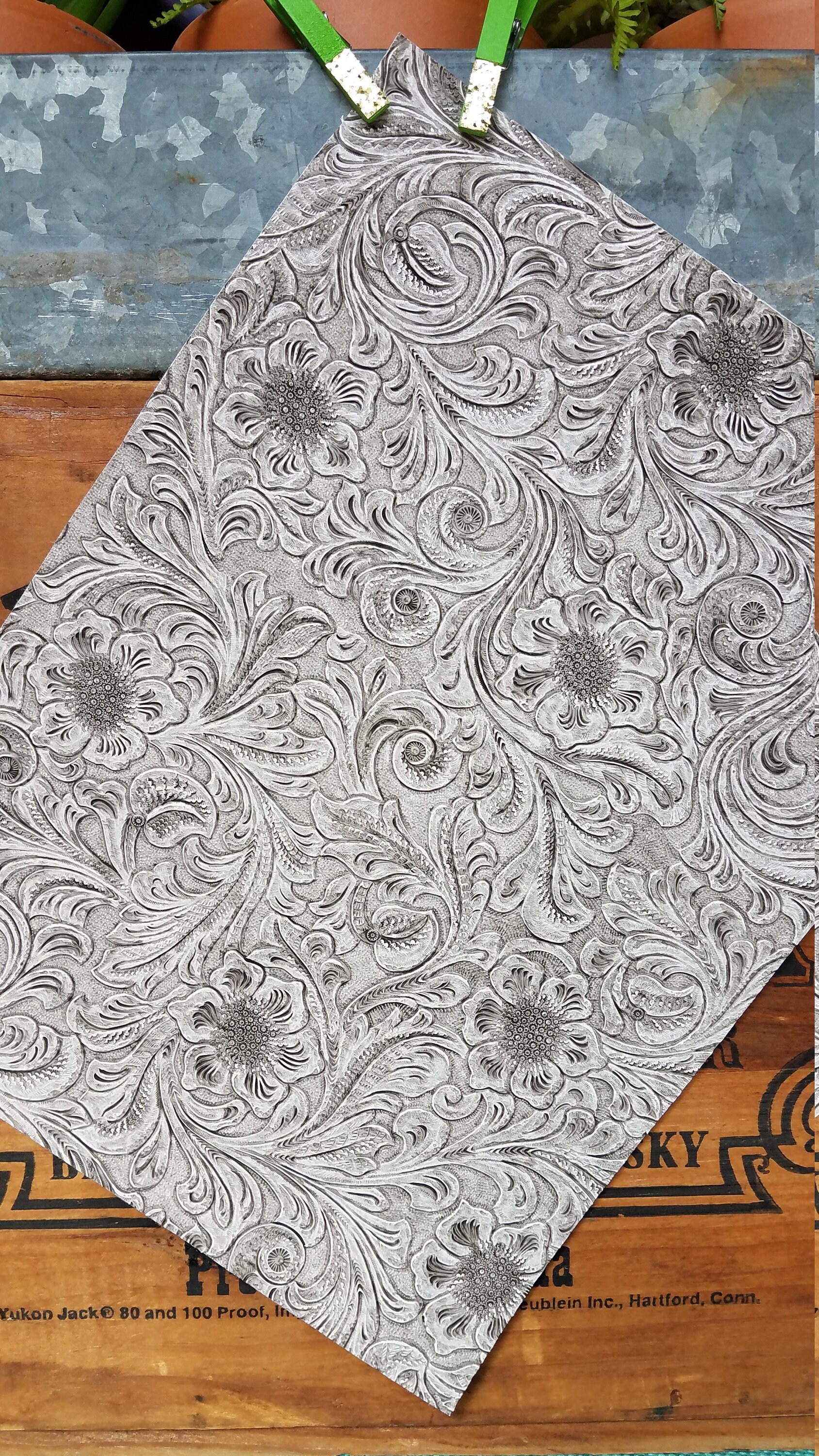 Gray Floral Embossed Textured Western Faux Leather Sheet for Bows and…