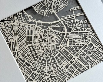 Hand Cut Amsterdam Papercut Map | 20x20cm Original Art Comission | Luxury First Paper Anniversary Gift For Him Gift For Her