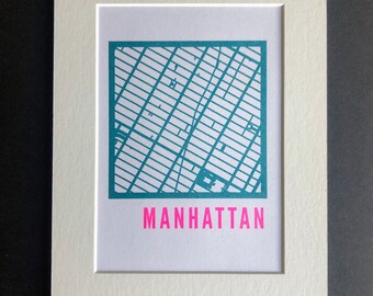 A5 Riso Print | Manhattan Map | Risograph l Teal and Fluorescent Pink | New York | Gallery Wall Art