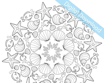Può includere: Illustrazione in bianco e nero di un mandala con un tema a conchiglie, stelle marine e pesci. Il design è circolare e presenta motivi ripetitivi di conchiglie, stelle marine e pesci.