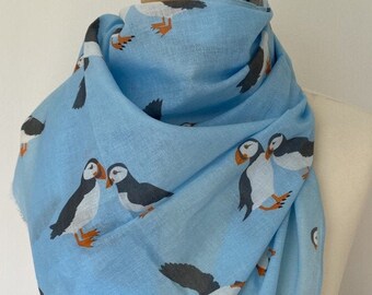 Puffin scarf - women's puffin print scarf - puffin wrap - puffin shawl - in 100% cotton
