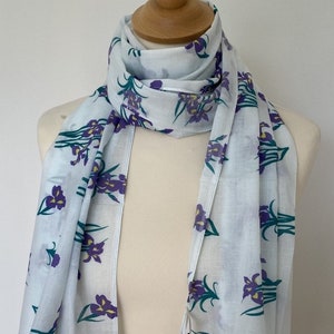 Purple Iris Floral Print Scarf - 100% Cotton Women's Wrap