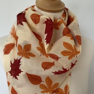 Autumn leaf scarf - golden autumn leaves - red - orange - yellow - leaf wrap - leaf shawl - women's autumn  scarf in 100% cotton