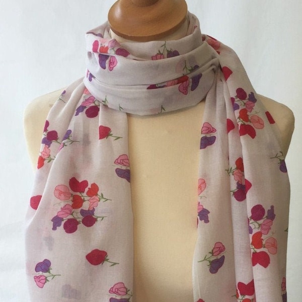 April flower birth month - Sweet Peas scarf - vibrant floral scarf - colourful floral scarf - spring scarf - womens scarf  in 100% cotton