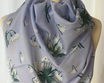 Snowdrops scarf - lilac and white floral scarf - white flowers on heather background - lightweight scarf - womens scarf  in 100% cotton