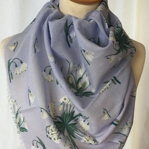 Snowdrops scarf - lilac and white floral scarf - white flowers on heather background - lightweight scarf - womens scarf  in 100% cotton