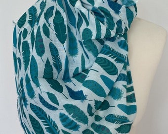 Teal abstract scarf, women's teal scarf, feather print, colourful scarf, lightweight scarf, in 100% cotton