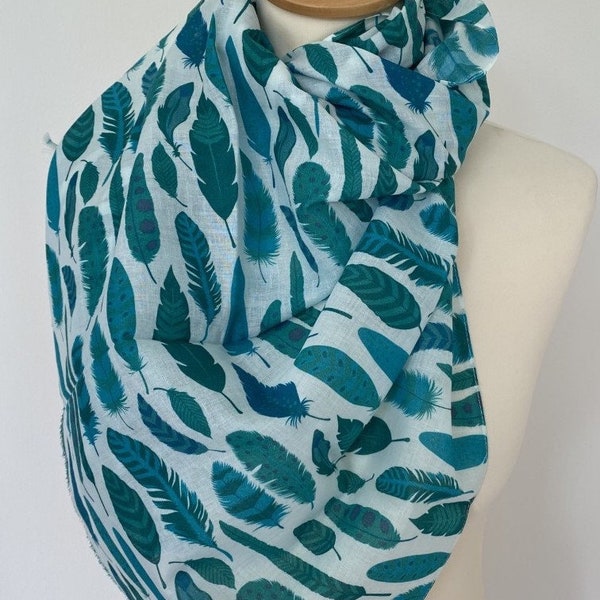 Teal abstract scarf, women's teal scarf, feather print, colourful scarf, lightweight scarf, in 100% cotton