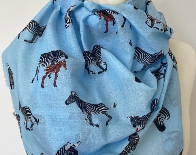 Zebra animal scarf, women's zebra animal print scarf, blue scarf, lightweight scarf in 100% cotton