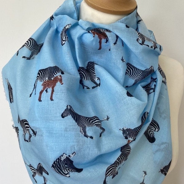 Zebra animal scarf, women's zebra animal print scarf, blue scarf, lightweight scarf in 100% cotton