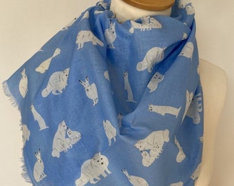 Blue white scarf - animal scarf - gift scarf - womens spring summer scarf  in 100% cotton