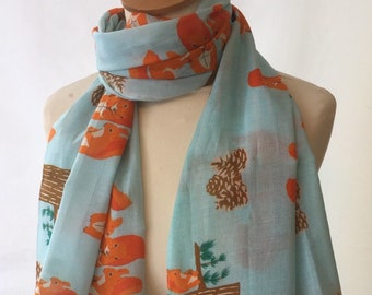 Squirrel scarf - squirrel  - wrap - shawl - spring summer scarf - woodland animal - squirrels and pine cones on blue scarf  in 100% cotton