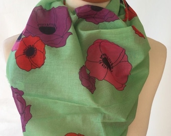 Anemones scarf - vibrant floral scarf - colourful floral scarf - pink red purple flowers - spring scarf - womens scarf  in 100% cotton