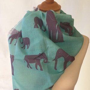 Elephant scarf - elephant wrap - elephant shawl - spring summer scarf - elephants on blue - womens scarf  in 100% cotton