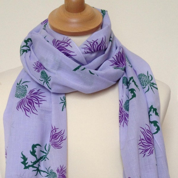 Women's purple thistle scarf - purple thistle shawl wrap - purple thistles on purple heather scarf - lightweight scarf in 100% cotton