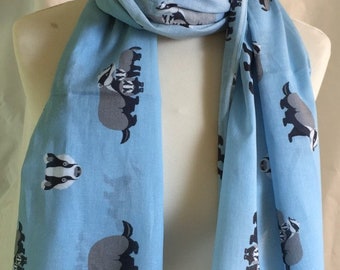 Badger scarf - women's badger print scarf - blue scarf - badger wrap - badger shawl - in 100% cotton