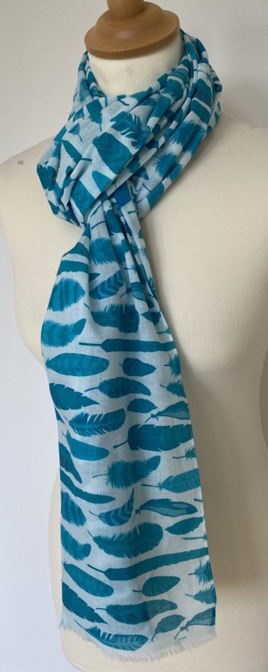 Teal abstract scarf women's teal scarf feather print | Etsy