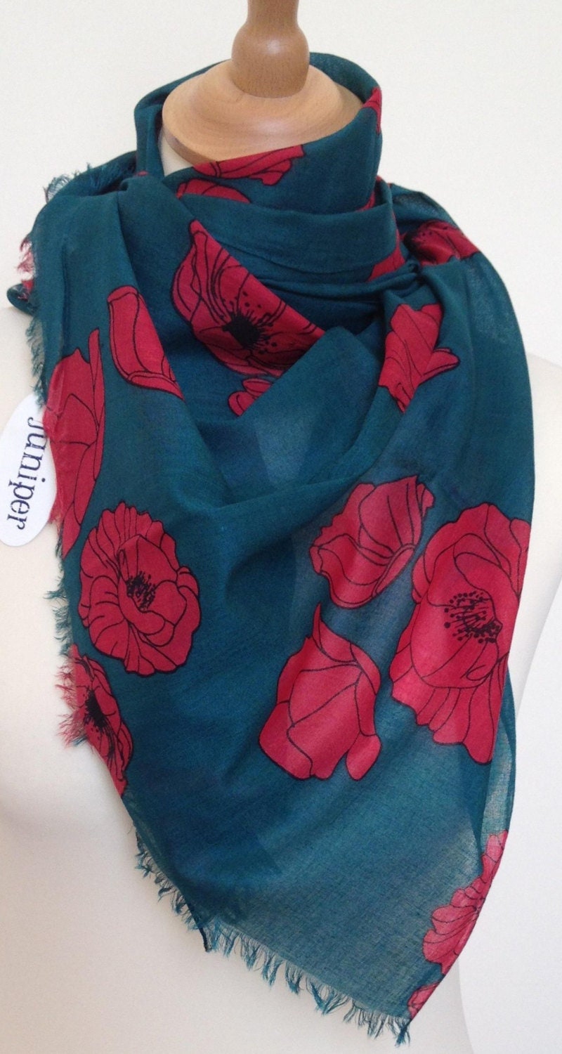 Red poppy scarf - green scarf - red floral shawl - scarf - red poppy wrap - shawl - womens scarf - in 100% cotton