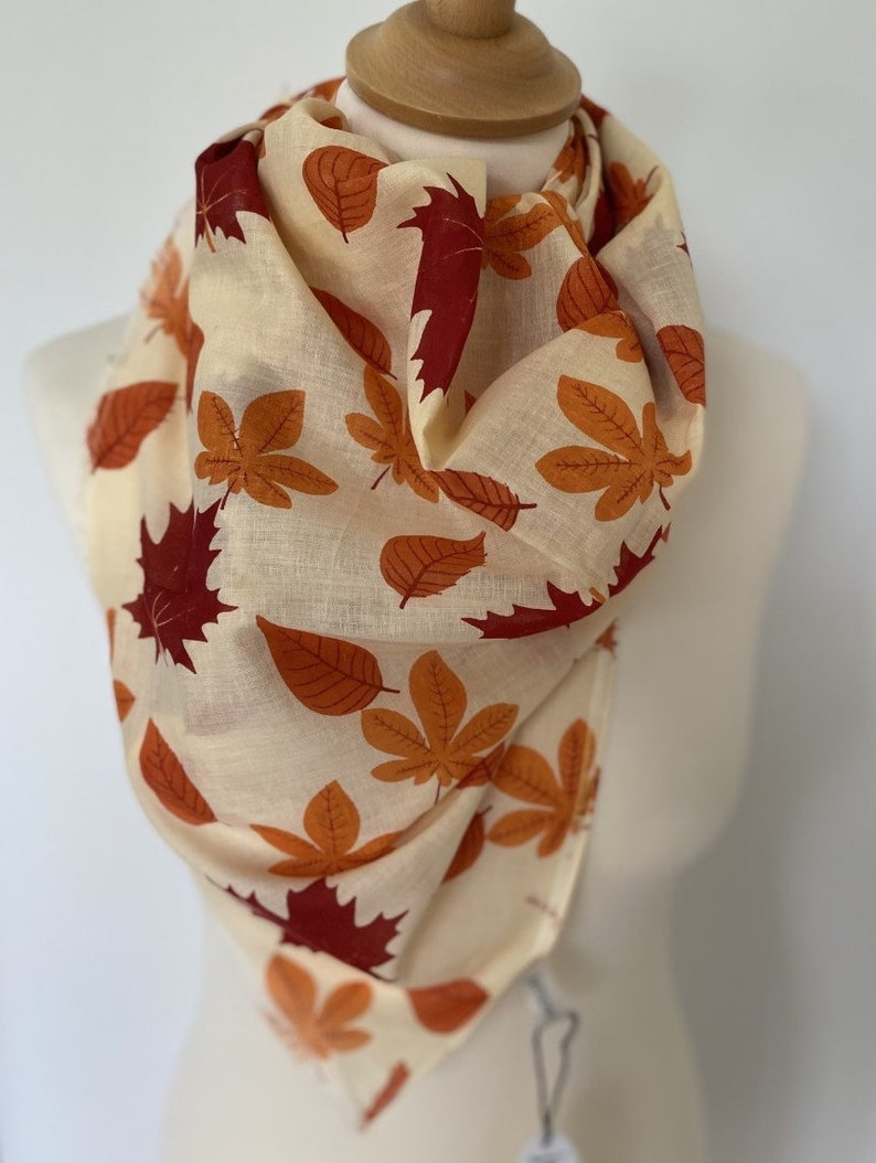 Autumn leaf scarf golden autumn leaves red orange yellow leaf wrap leaf shawl women's autumn scarf in 100% cotton image 9