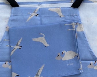 Swan gift set - swan apron and swan tea kitchen towel -  whooper swan - cygnets - unisex apron - BBQ apron - in 100% cotton