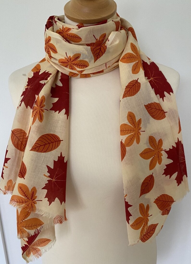 Autumn leaf scarf golden autumn leaves red orange yellow leaf wrap leaf shawl women's autumn scarf in 100% cotton image 8