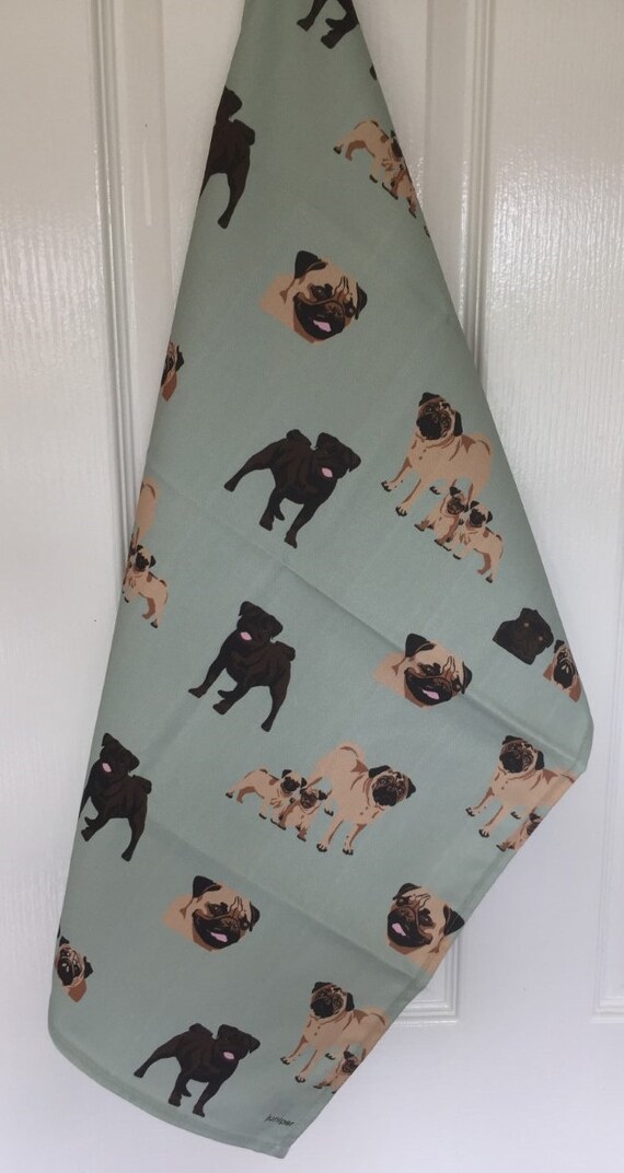 Dog Theme Pug Kitchen Tea Towels 2 Pk Pugs Tan Black White Designed in England 