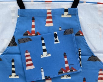 Lighthouse gift set - lighthouse apron and matching tea towel - apron and tea towel - in 100% cotton