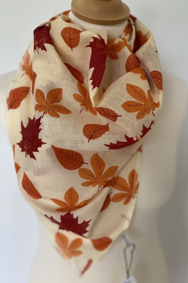 Autumn leaf scarf golden autumn leaves red orange yellow leaf wrap leaf shawl women's autumn scarf in 100% cotton image 1