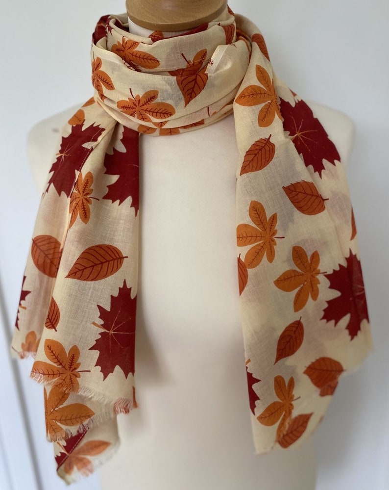 Autumn leaf scarf golden autumn leaves red orange yellow leaf wrap leaf shawl women's autumn scarf in 100% cotton image 5