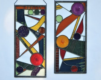 Stained Glass Windows "Musical Chairs" Set of Two