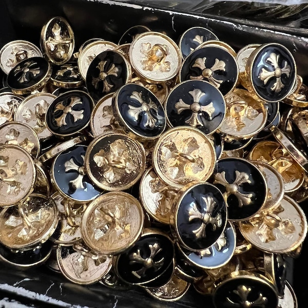 Wholesale lot: 15 mm black or white enamel metal shank button with gold color palonce cross, set of 100