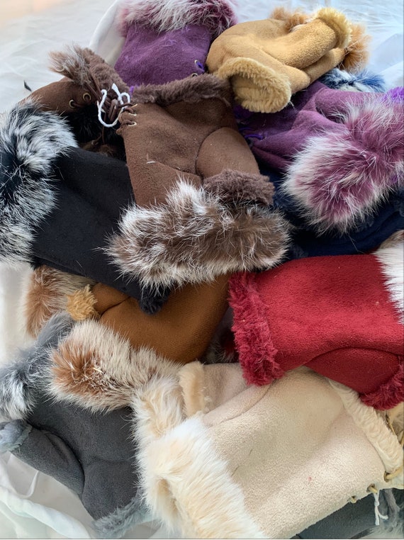 Fingerless suede gloves with rabbit fur discount
