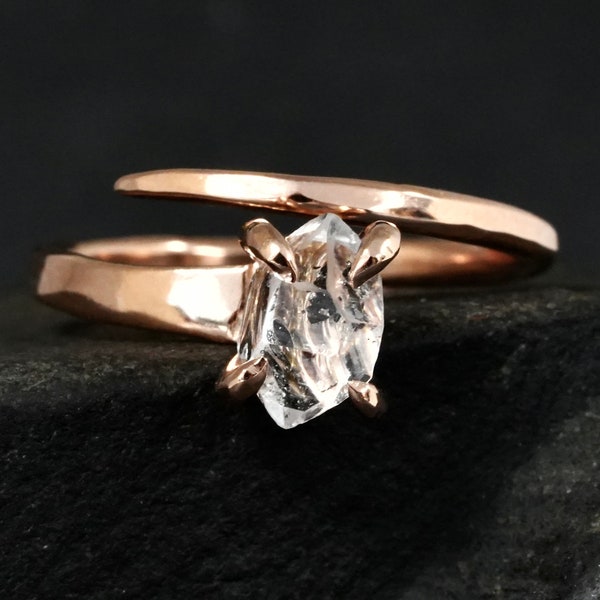 Herkimer Diamond Horseshoe Nail Ring. Rustic Organic Alternative 4 Prong Set Natural Raw Rough Uncut Herkimer Diamond Engagement Ring