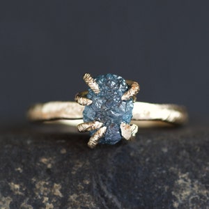 Raw Blue Diamond Ring. Rustic Organic Alternative Unique Raw Rough Uncut Blue Prong Set Natural Diamond Gemstone Engagement Statement Ring 14k Yellow Gold