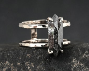 Elongated Hexagon Shape Grey Diamond Double Band Ring