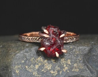 Raw Almandine Garnet Ring. Rose Yellow Gold Rustic Organic Alternative Unique Natural Red Raw Rough Uncut Garnet Engagement Statement Ring