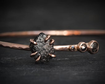 Raw Black Diamond Bracelet. Rough Uncut Black Diamond and Salt and Pepper Galaxy Diamond Cuff Bracelet. Diamond Cuff. Raw Diamond Cuff