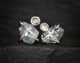 Raw Aquamarine and White Diamond Studs. Unique Rough Uncut Light Blue Aquamarine and White Rose Cut Diamond Stud Earrings. Gift for Her