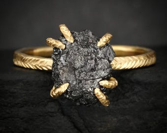 Rustic Raw Black Diamond Ring. Alternative 6 Prong Set Uncut Natural Black Carbonado Diamond Engagement Statement Ring
