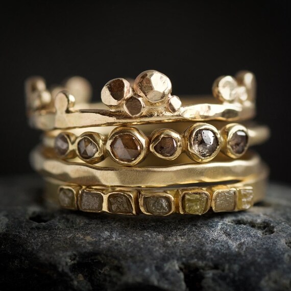Set of 4 Rings. Rustic Organic Delicate Unique Brown Rose Cut and Yellow Cube Square Diamond Rings with Textured Hammered Bubble Band Rings