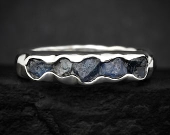 Bulky Raw Blue Sapphire Band. Rustic Solid Silver or Gold Natural Bezel Set Uncut Blue Sapphire Crystal Alternative Wide Stacking Ring