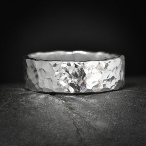 Hammered Band Ring. Rustic Organic Unique Alternative Hammered Textured Wide Yellow Rose White Gold Mens Wedding Band Ring. Style #2