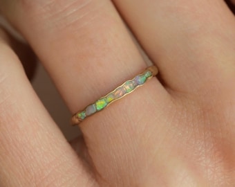 Gold Raw Australian Opal Ring. Rustic Solid Gold or Silver Uncut Natural Opal Alternative Stacking Wedding Everyday Band