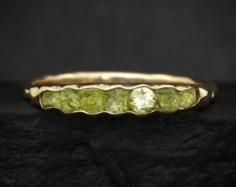 THE ONE. Raw Peridot Ring. Rustic Solid Gold or Silver Uncut Natural Soft Green Peridot Alternative Stacking Wedding Milestone Band