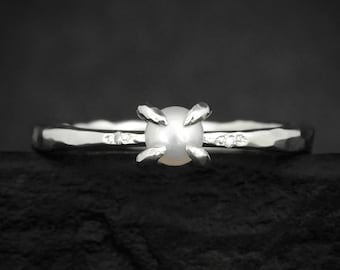 White Pearl and Diamond Ring. Rustic Solid Silver or Gold 4 Prong Set Natural Freshwater Pearl Alternative Everyday Engagement Stacking Ring