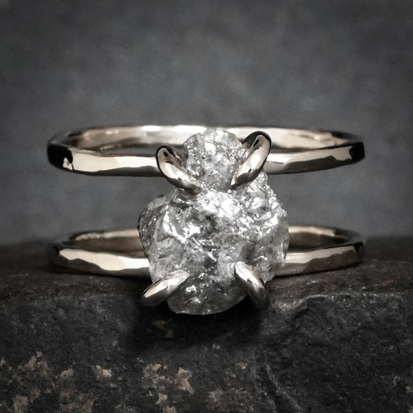 Raw Grey Diamond Double Band Ring. Grey Diamond Double Band Engagement Ring. Alternative Engagement Ring. Rustic Diamond Engagement Ring