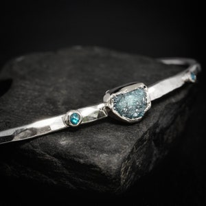 Ready To Ship Blue Diamond Cuff. Raw Rough Blue Diamond Rose Cut Diamond Silver White Gold Textured Hammered Cuff Bracelet