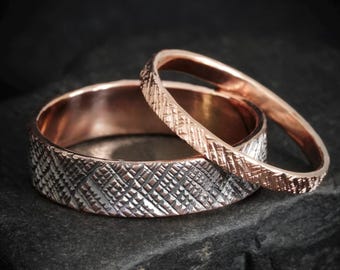 Criss-Cross Textured Band Rings. Wide Stackable Hand Textured Band Rings. Slim Hand Engraved Texture Band Ring. Wide Patterned Band Ring.