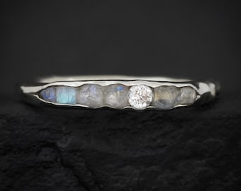 THE ONE. Raw Moonstone and Diamond Ring. Rustic Solid Gold or Silver Uncut Natural Rainbow Moonstone Alternative Stacking Wedding Band